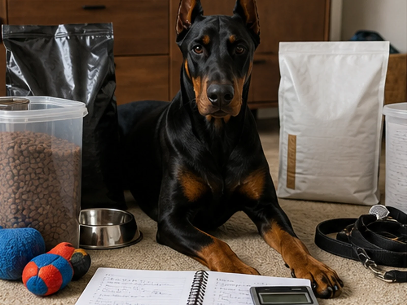 adult Doberman beside a household budget notebook and large-dog supplies without logos