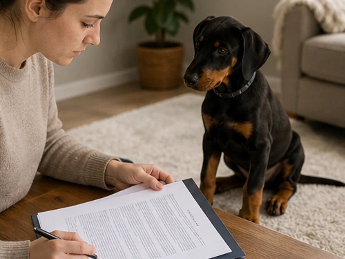 Acquisition: prospective owner reviewing a written contract with a Doberman puppy nearby