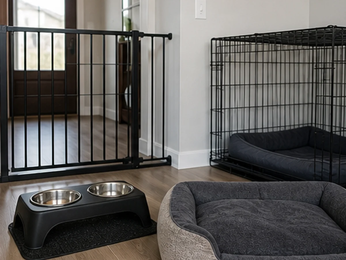First-year setup: realistic crate, gate, feeding station and washable bed for a growing dog