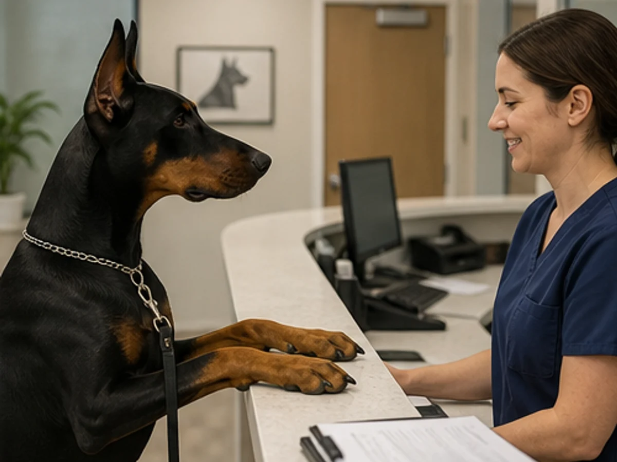 Emergency planning: adult Doberman at a calm veterinary check-in with no dramatic illness portrayal