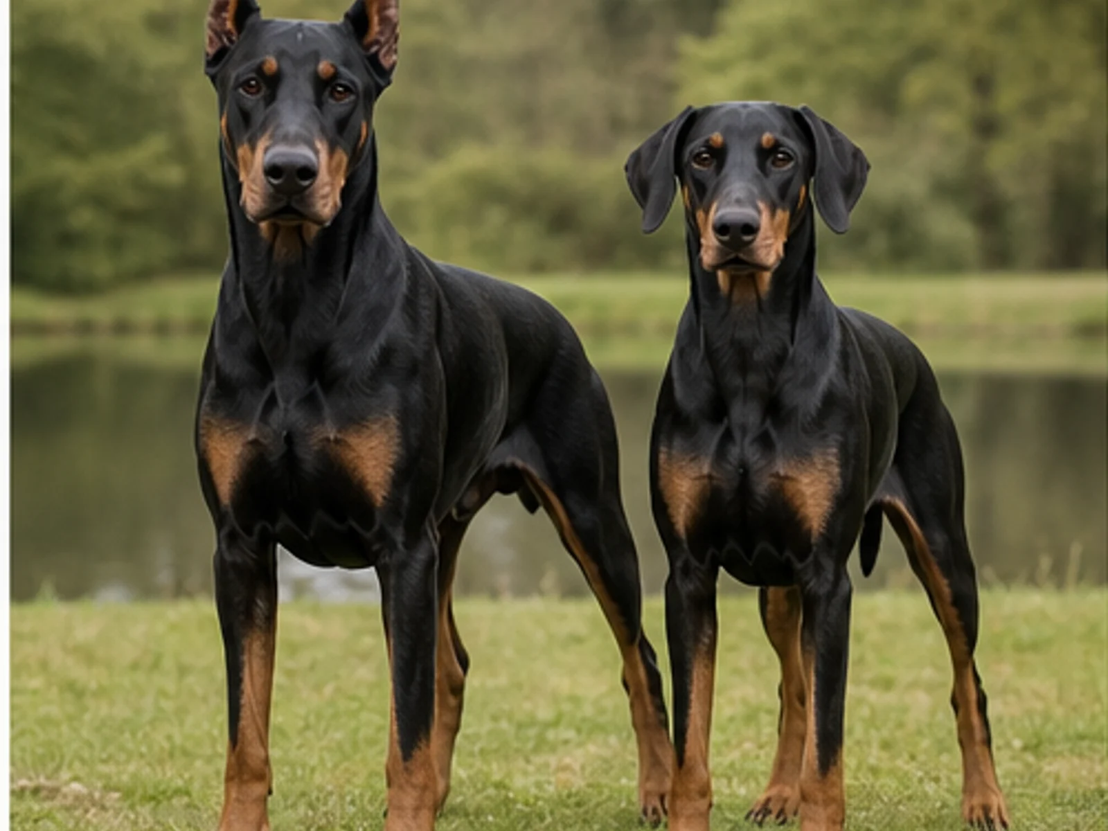 adult male and female Dobermans standing side by side with natural lean proportions