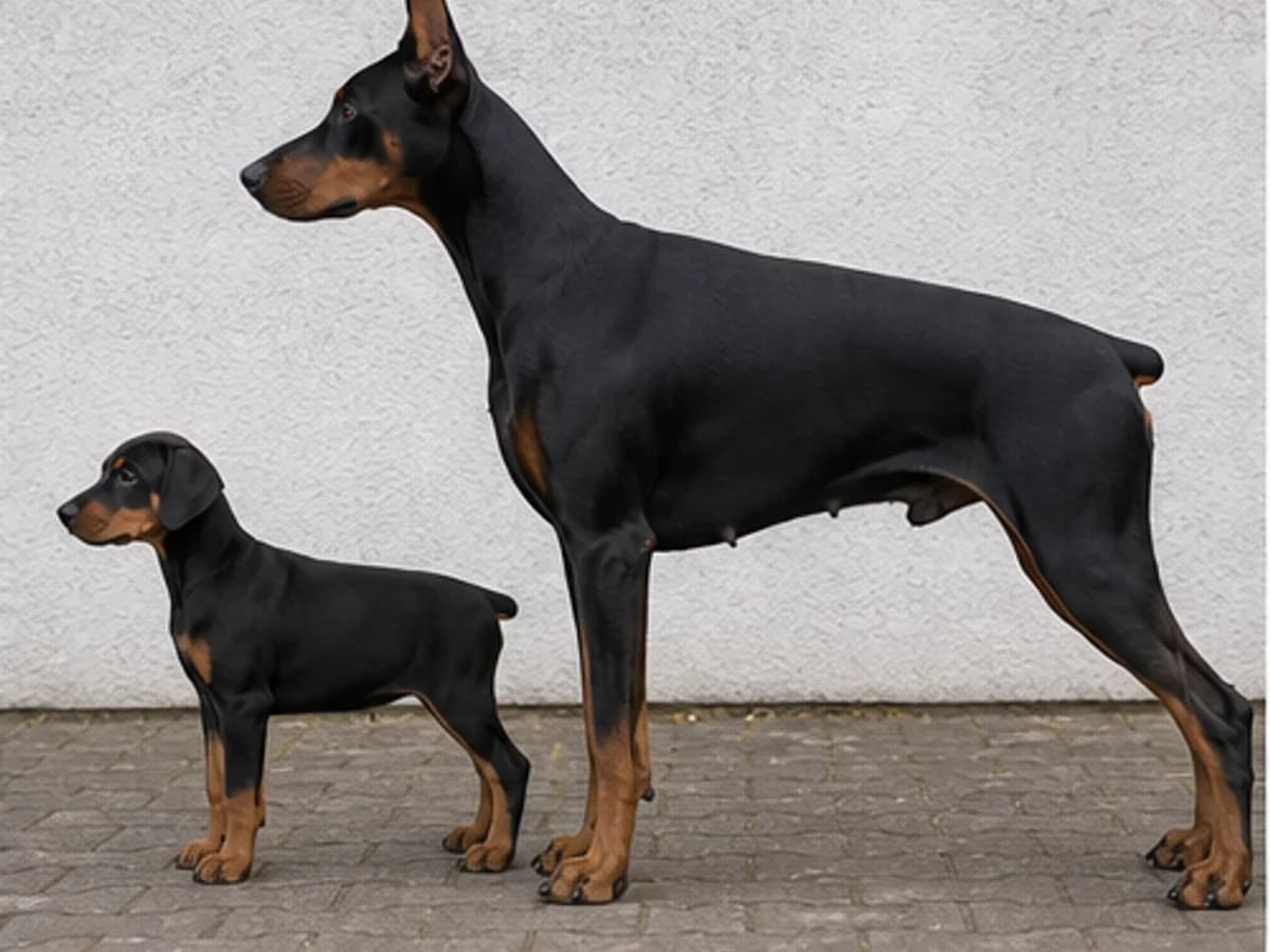 Growth: young Doberman puppy and mature adult photographed separately in similar side-profile poses