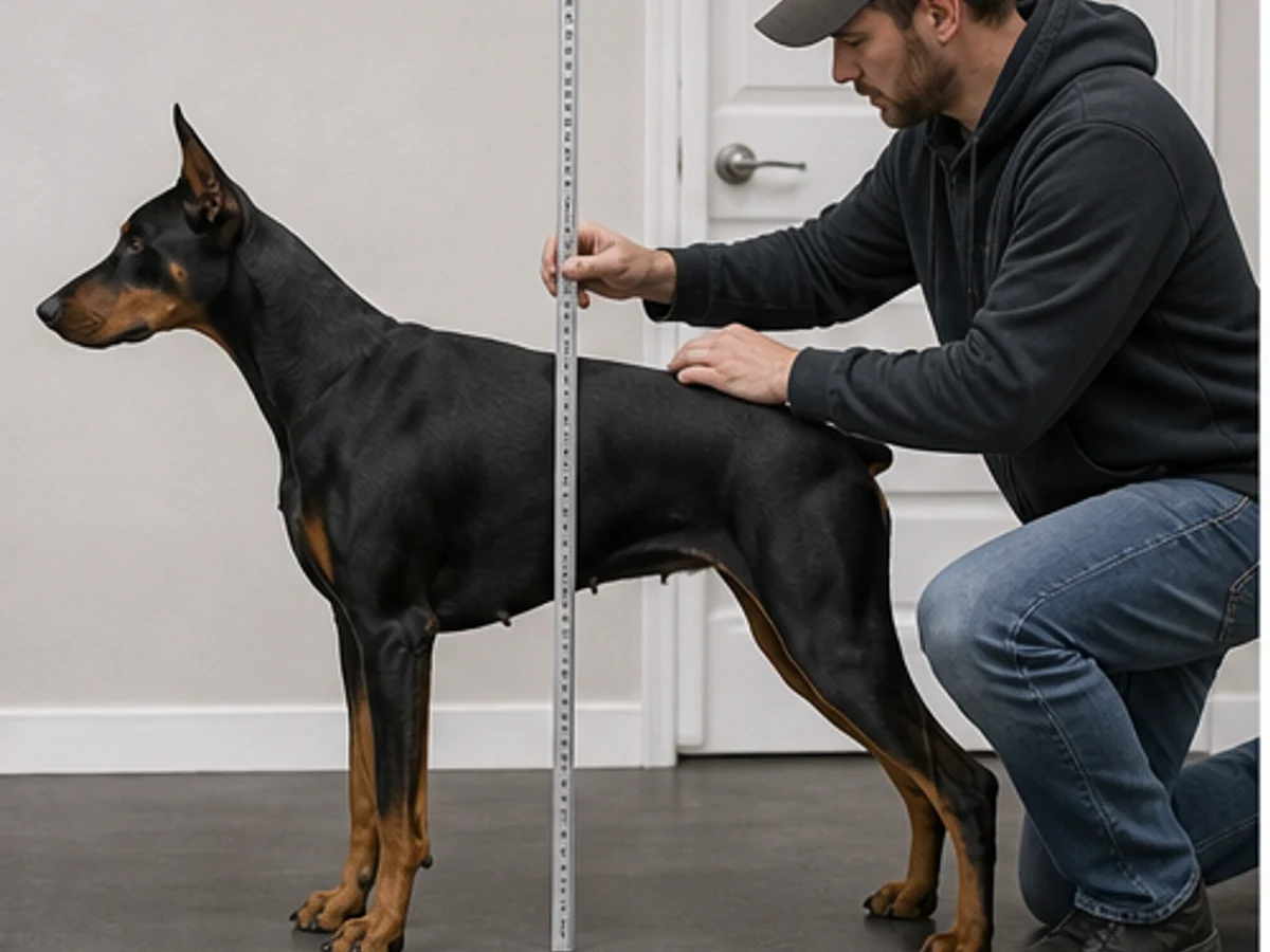 Height measurement: owner measuring an adult at the withers on level flooring