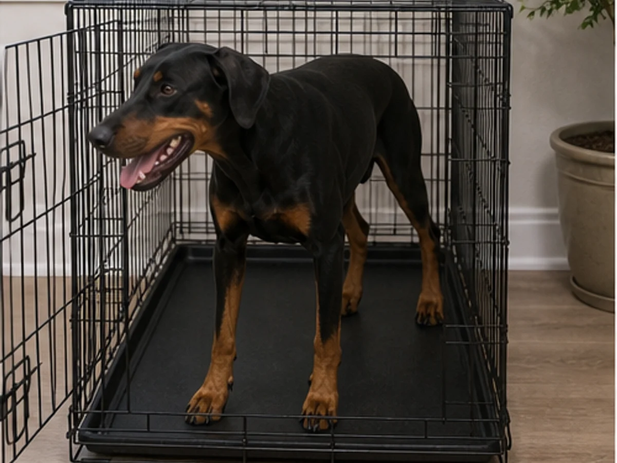 Crate fit: adult Doberman standing and turning in an appropriately sized crate with door open