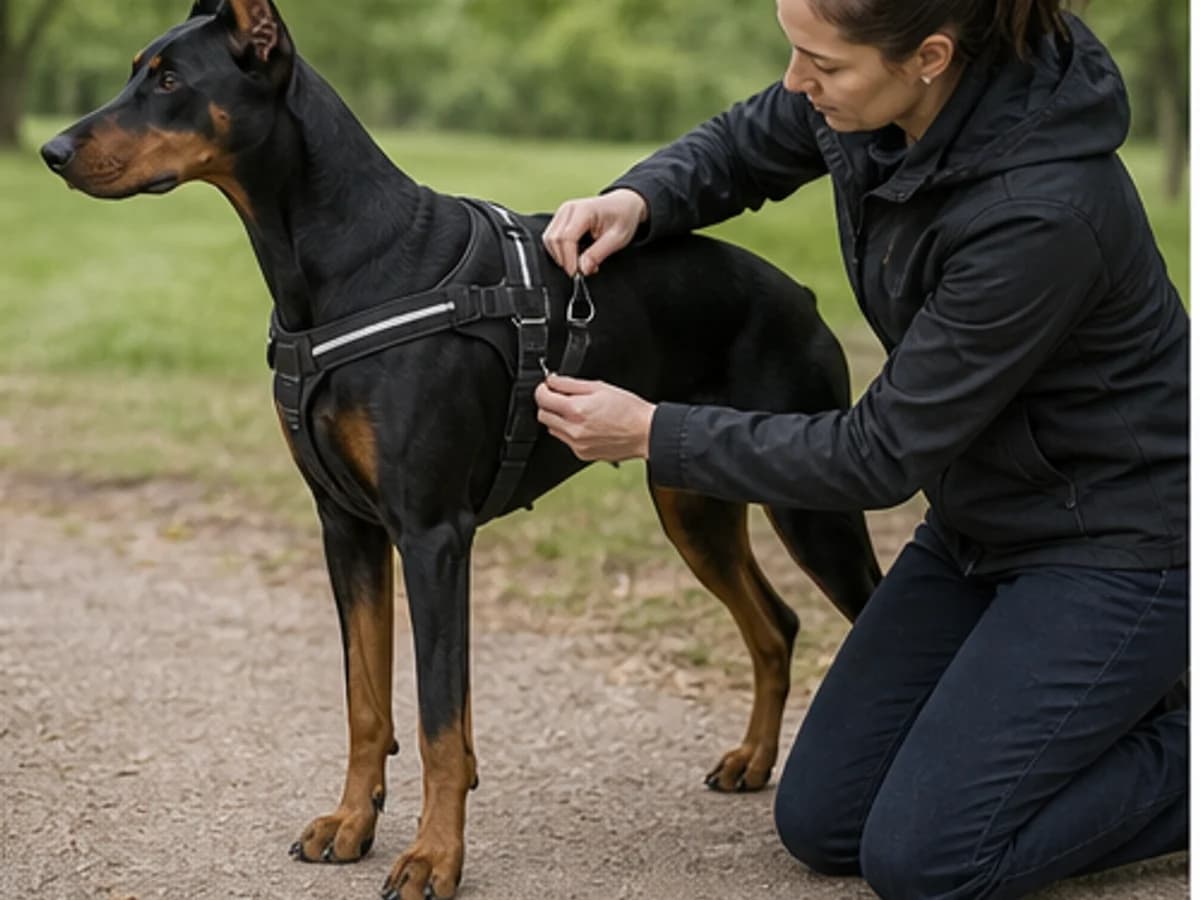 Harness fit: handler checking straps on a calm standing Doberman