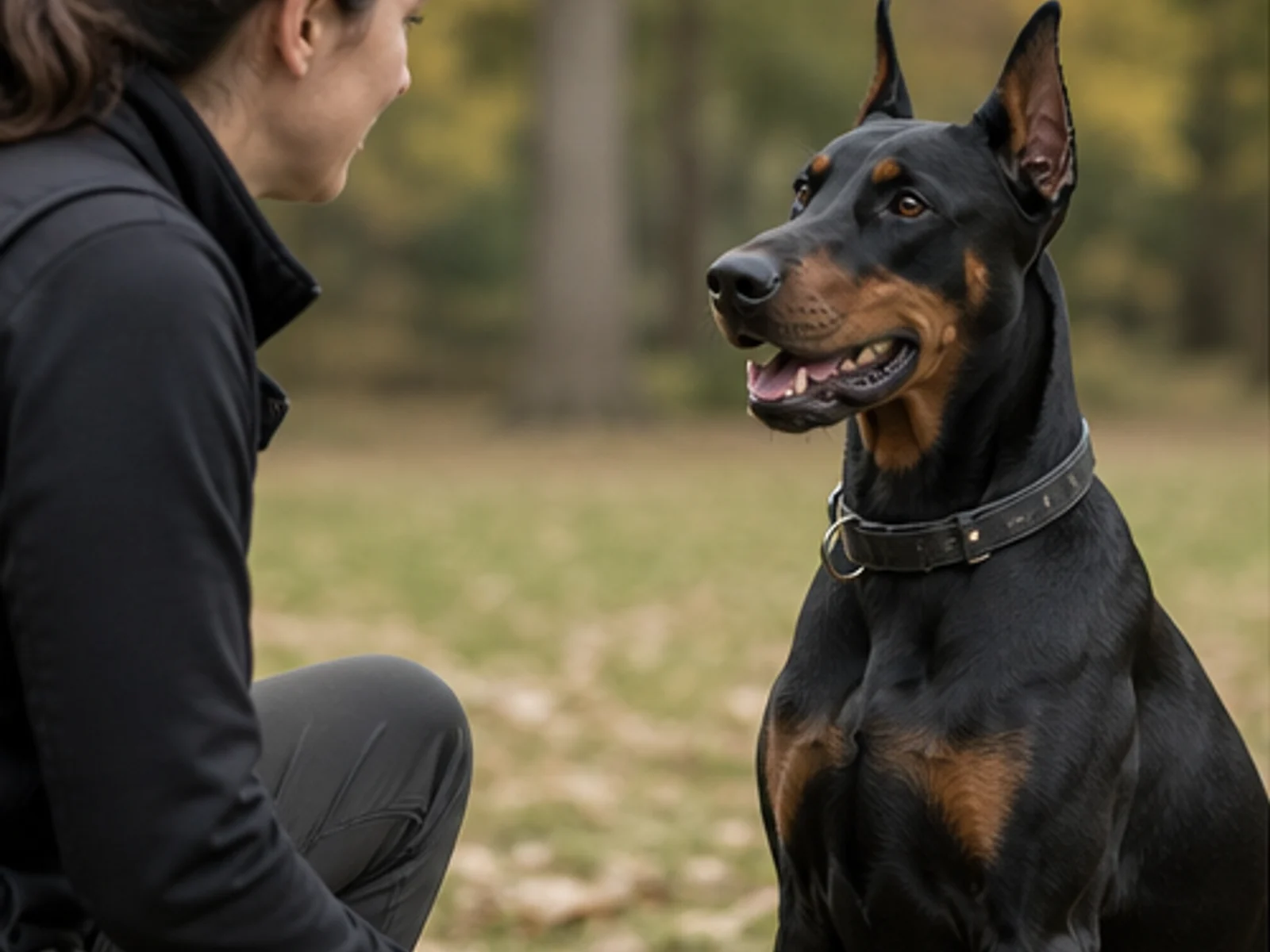 calm adult Doberman making relaxed eye contact with an adult handler outdoors