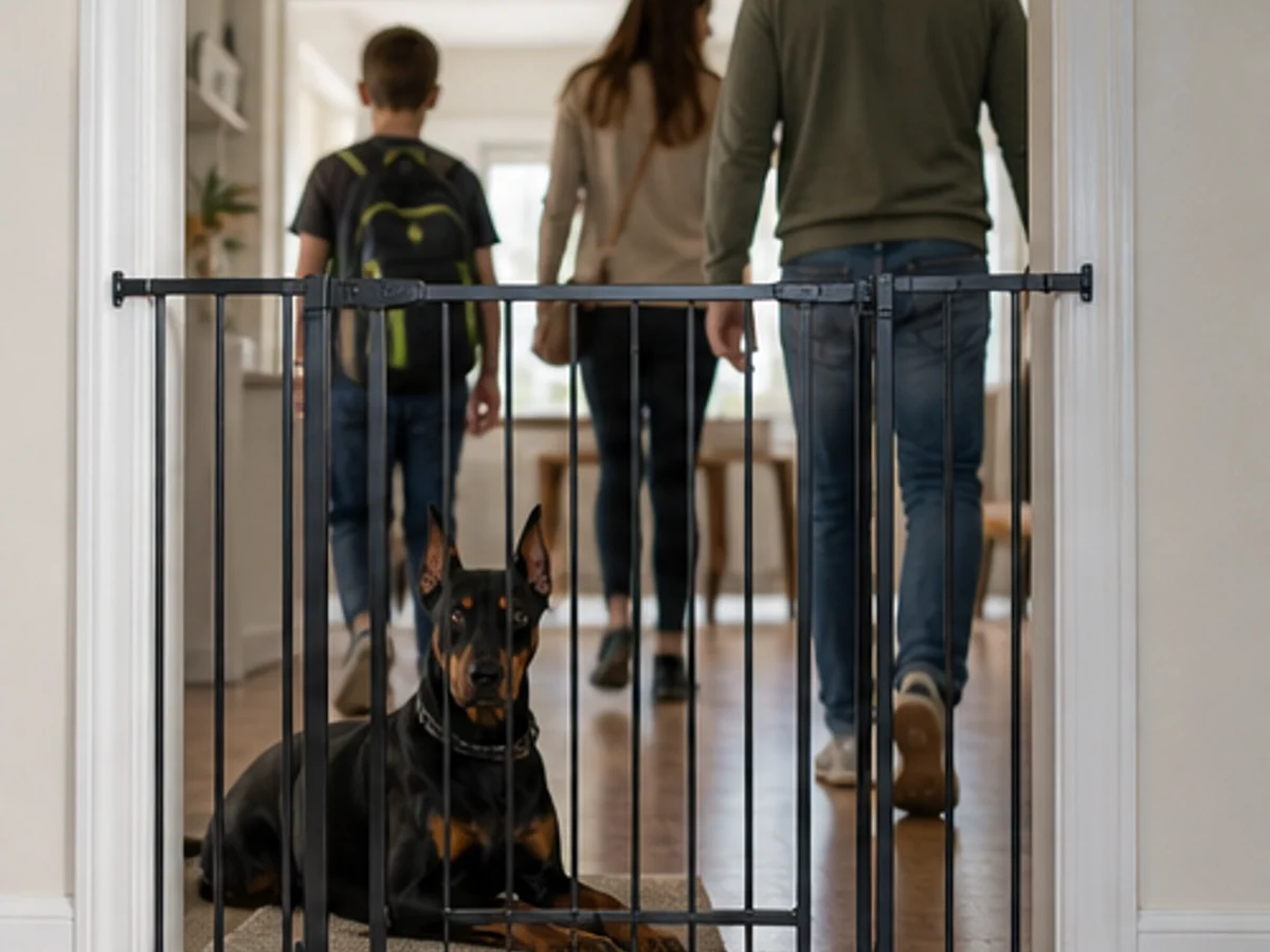 Family fit: Doberman resting behind a gate while adults and an older child move through the room, no direct child contact