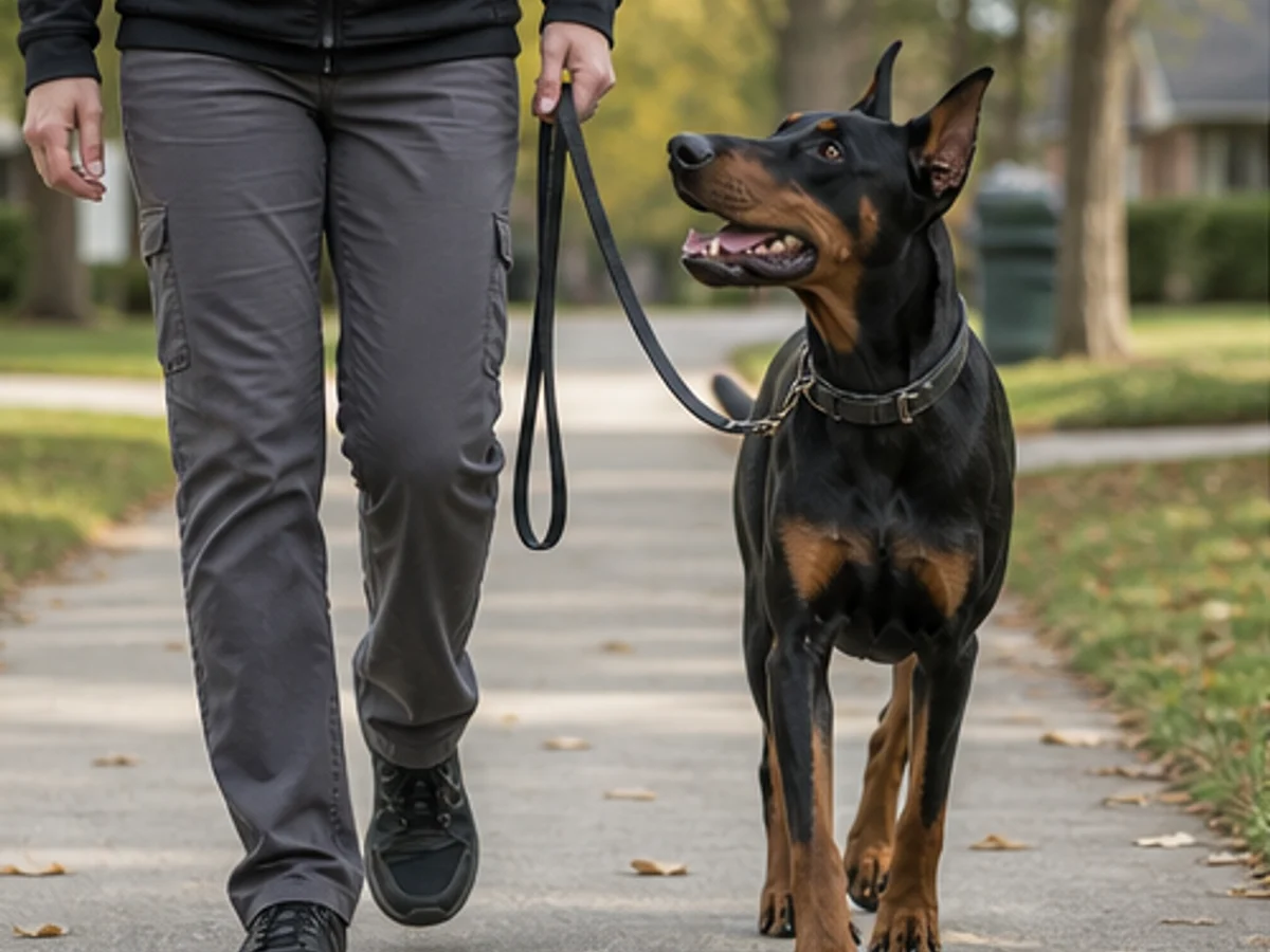Leash skills: dog walking on a loose leash in a quiet neighborhood