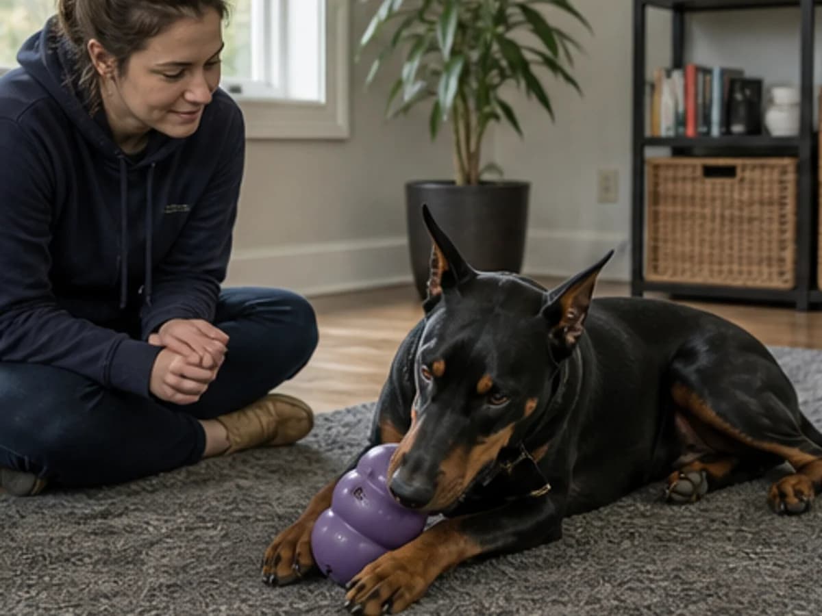 Enrichment: Doberman calmly working on a food-stuffable toy under supervision