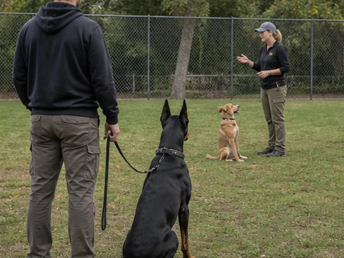 Professional help: trainer coaching an owner at a safe distance from a mild distraction