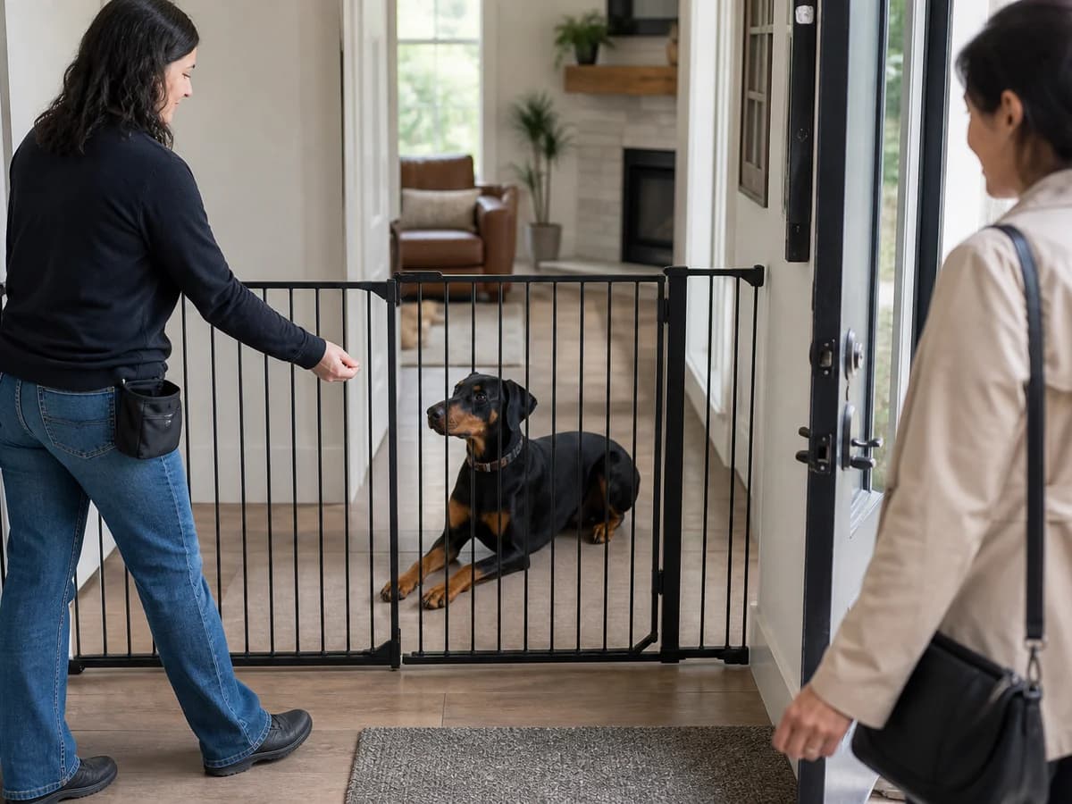 Household management: adult Doberman relaxed behind a secure gate while a visitor enters and a handler rewards calm behavior