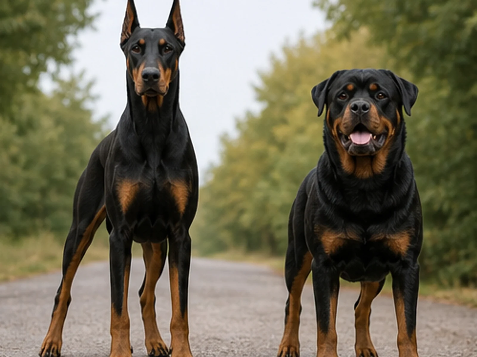 adult Doberman and Rottweiler standing naturally side by side on level ground with accurate proportions