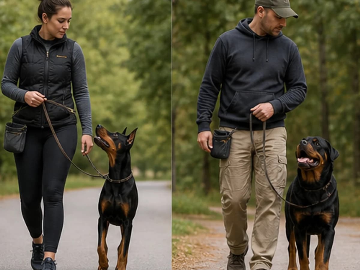 Training: each breed performing the same reward-based loose-leash exercise with separate handlers