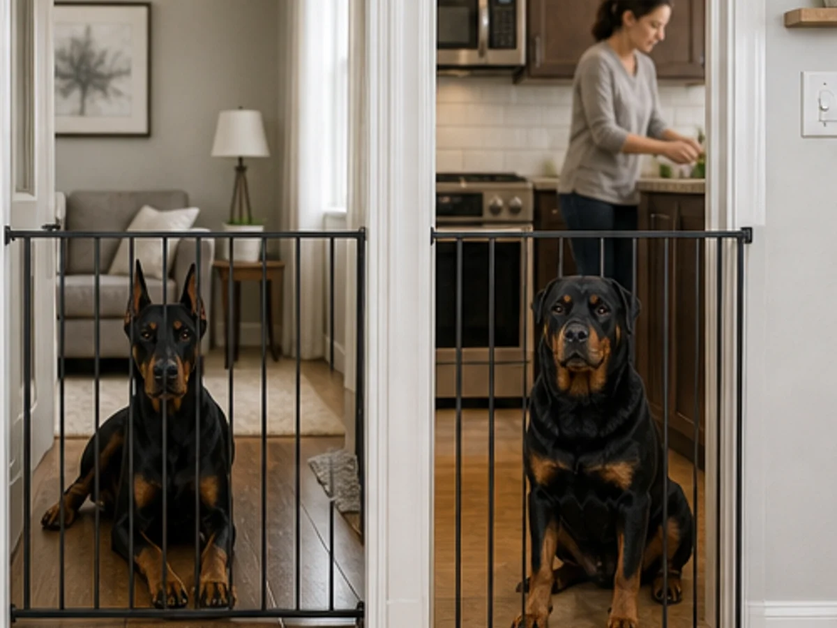Family setting: each dog settled behind a gate near ordinary household activity, photographed separately
