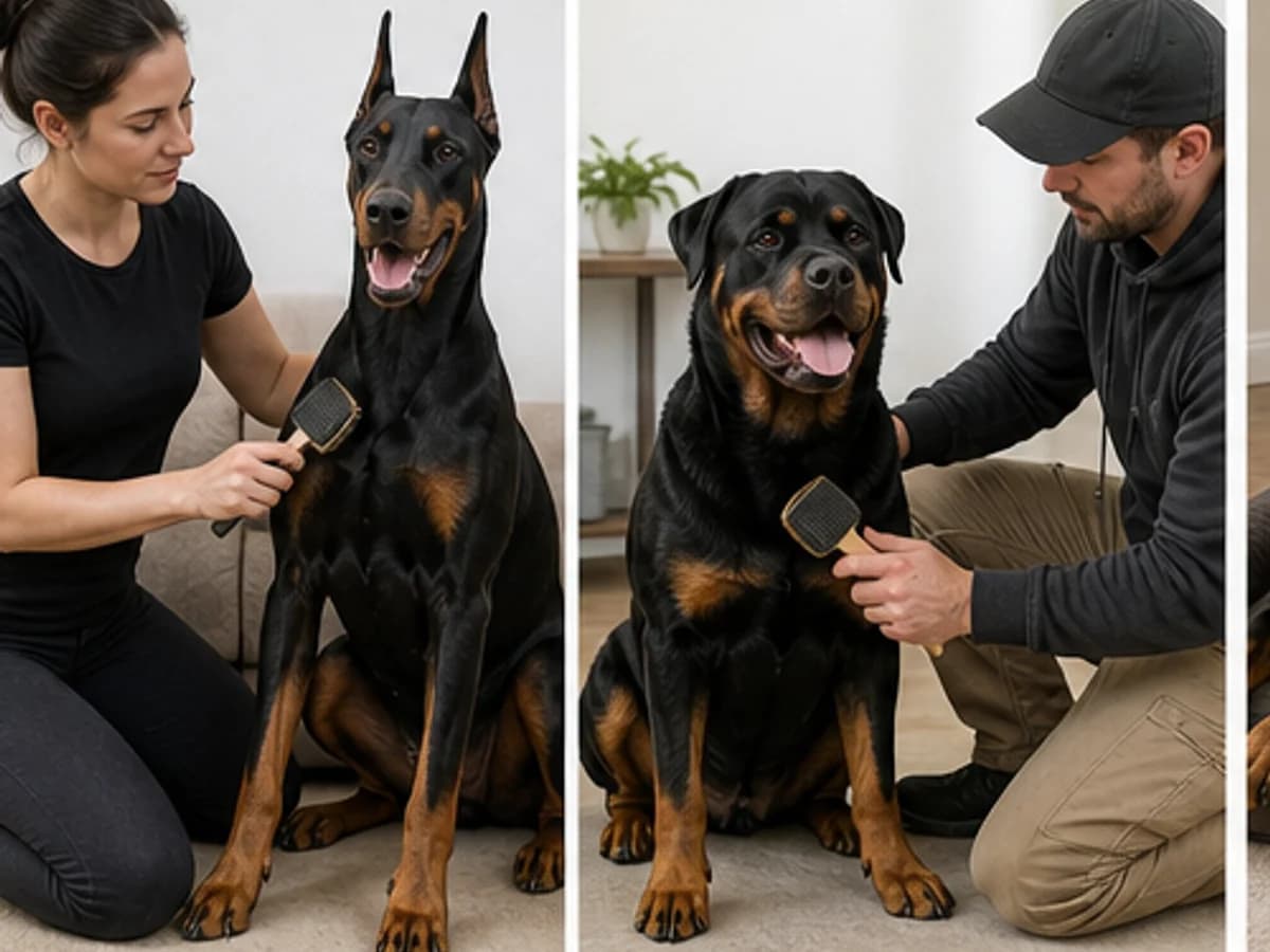 Grooming: owners brushing each breed's short coat in comparable scenes