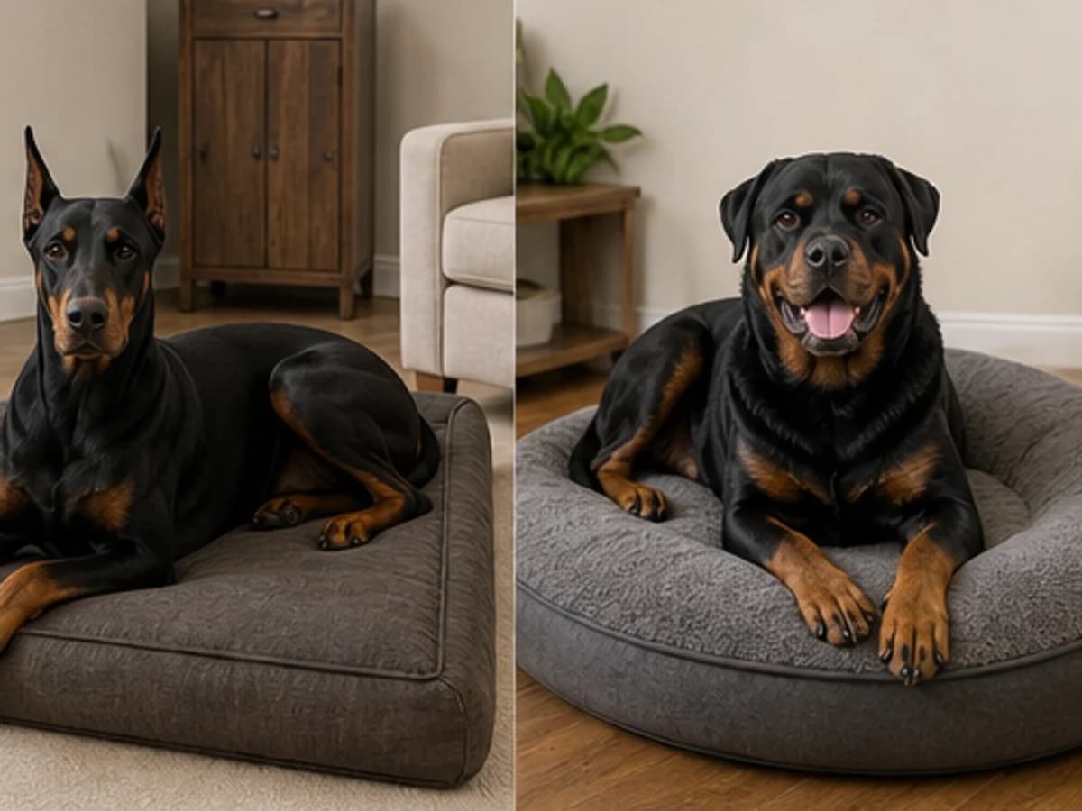 Rest: both dogs relaxing on appropriately sized beds without forced contact