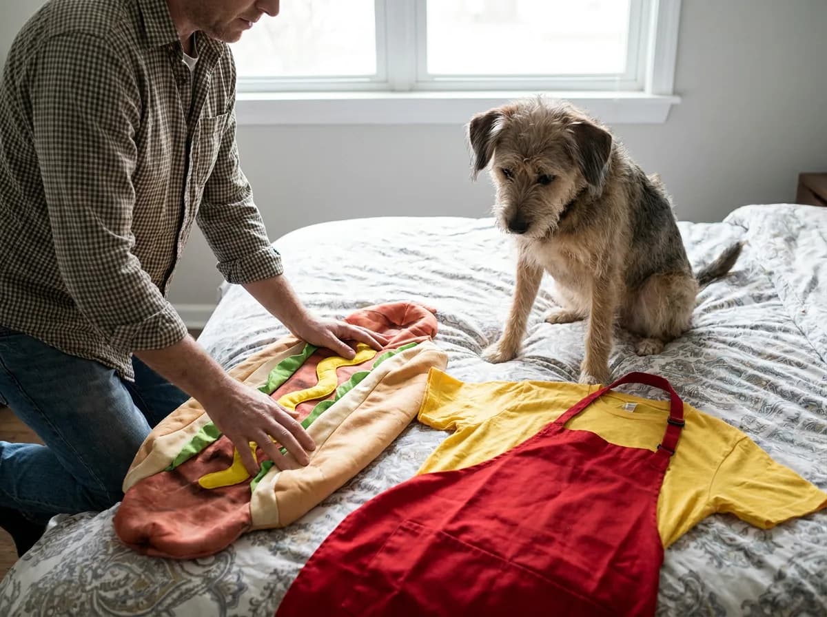 Owner laying out a dog's hot dog costume on a bed next to a yellow T-shirt and a red apron, planning the condiment half