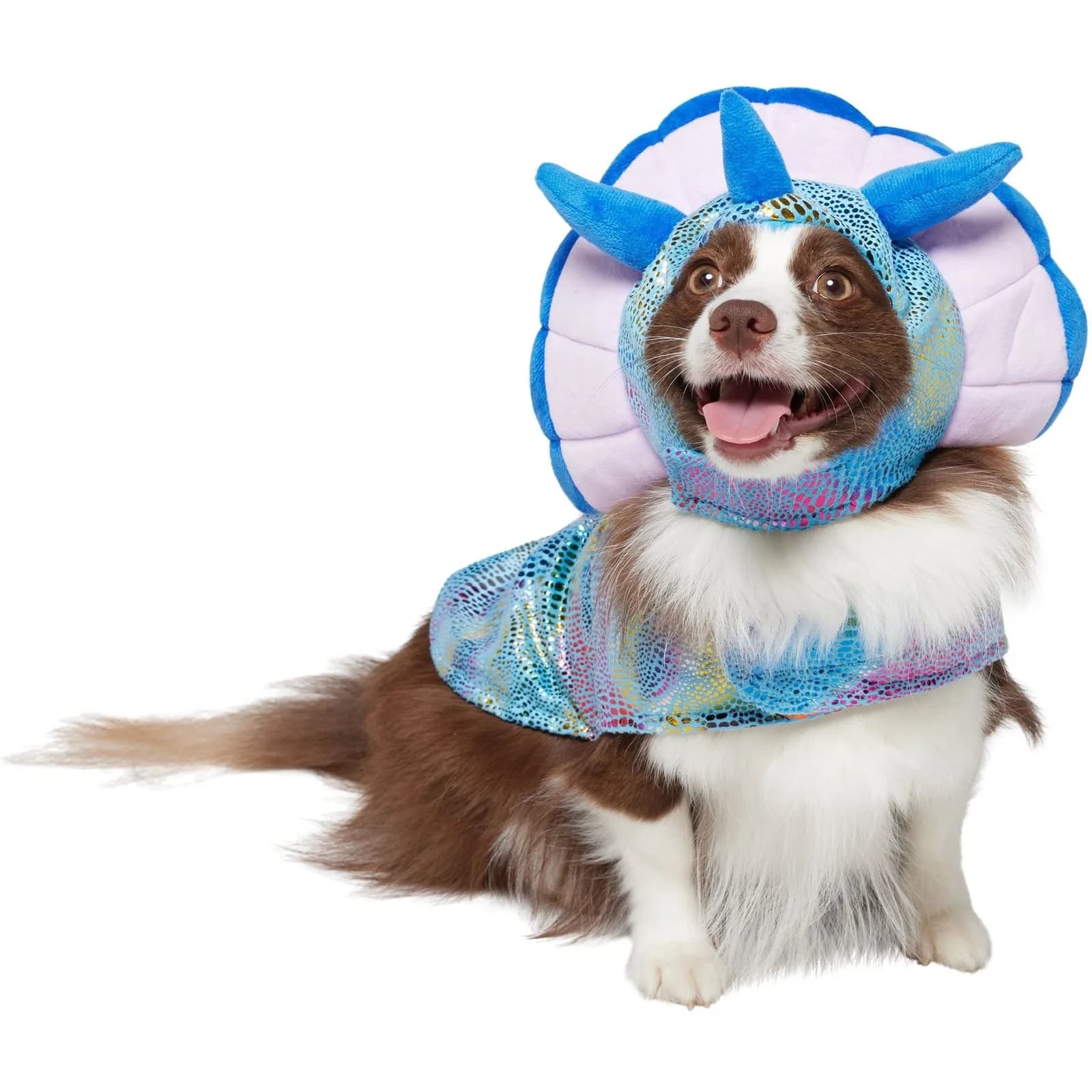Dog wearing the holographic Frisco triceratops costume