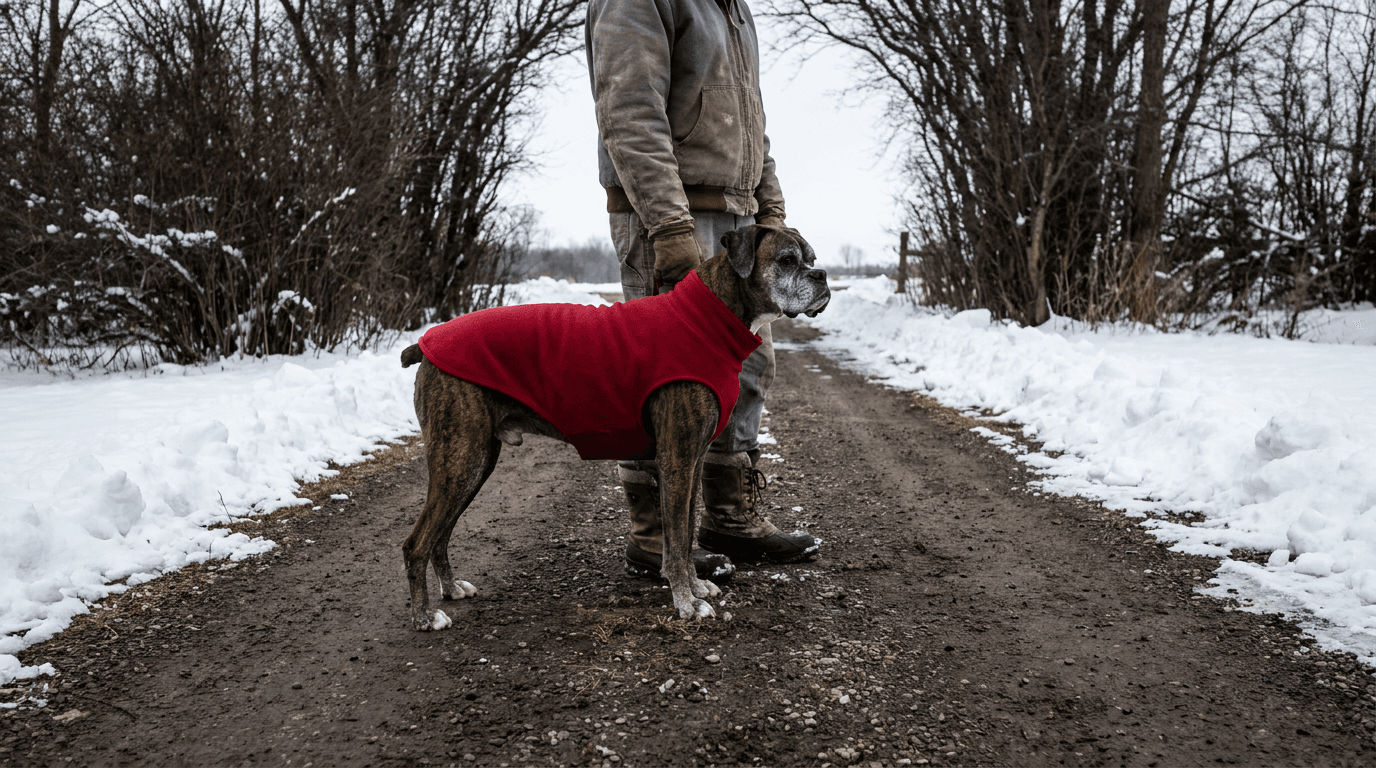 A brindle dog in a red coat stands with its owner on a cleared path beside snow.