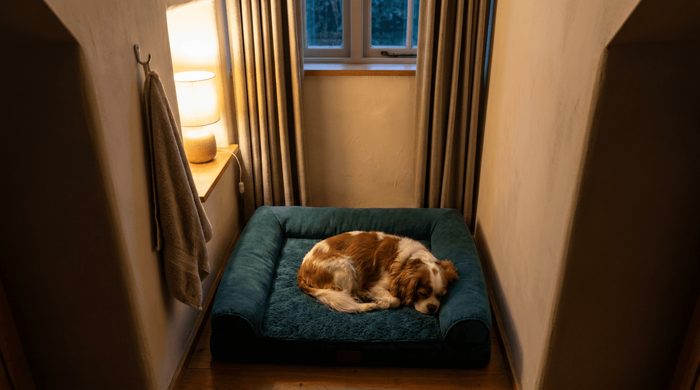 A brown dog rests on a floor-level bed in a quiet corner beside curtains.