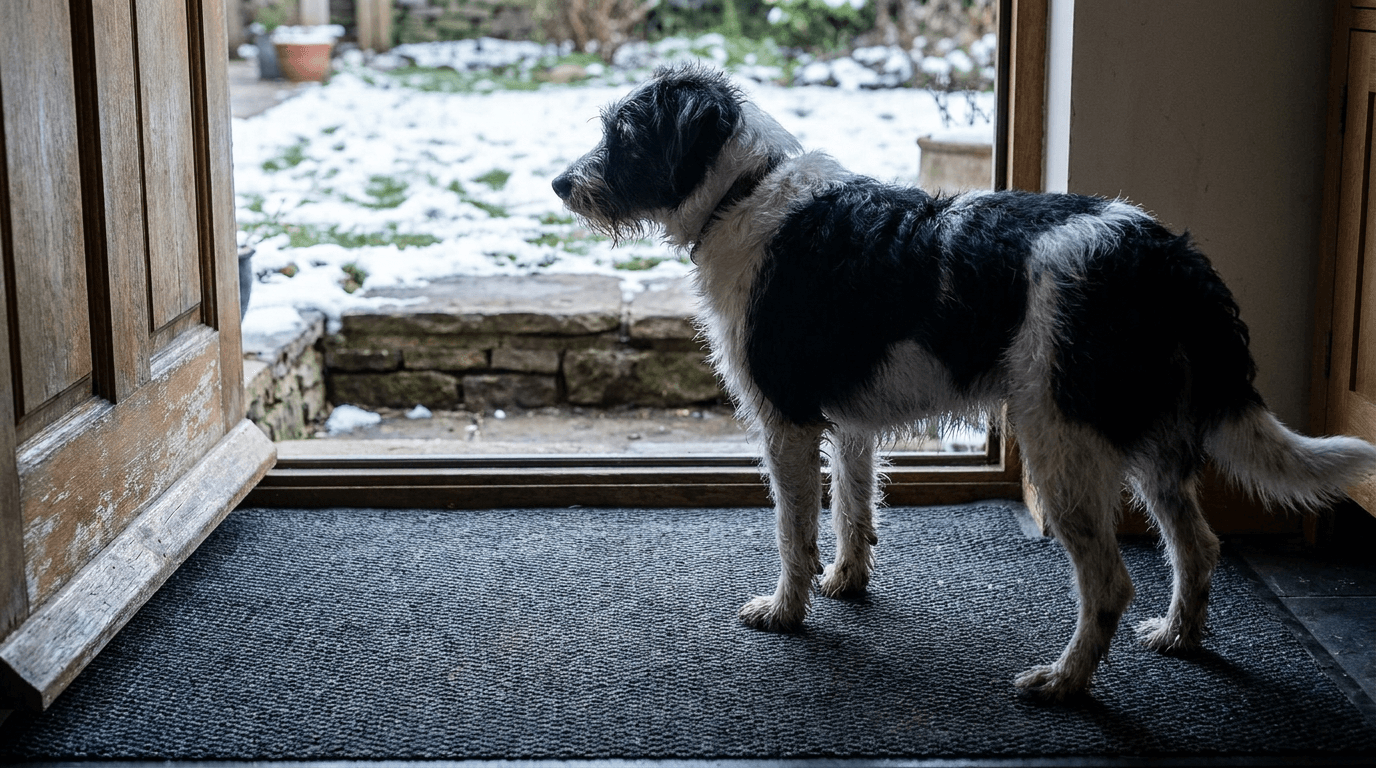 A black-and-white dog stands on a flat dark mat at an open doorway.
