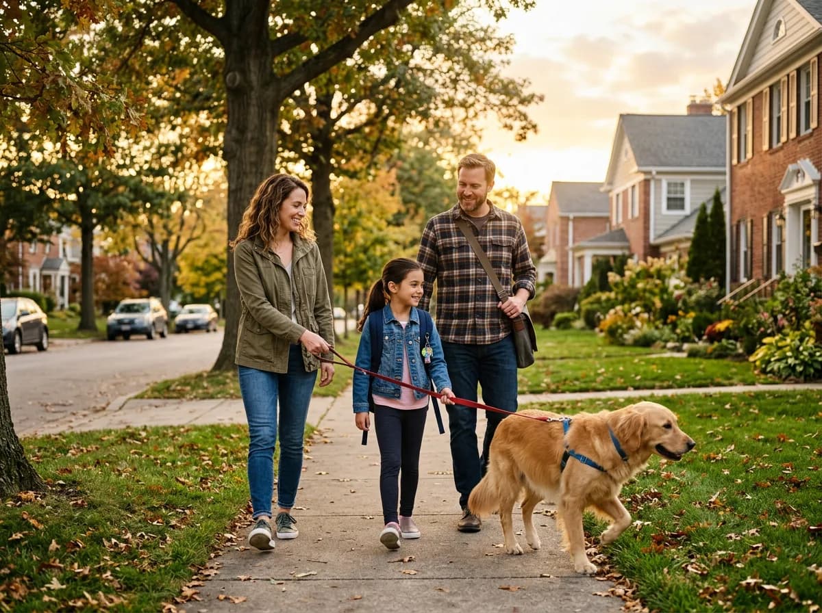 Family walking a dog after school on a neighborhood sidewalk