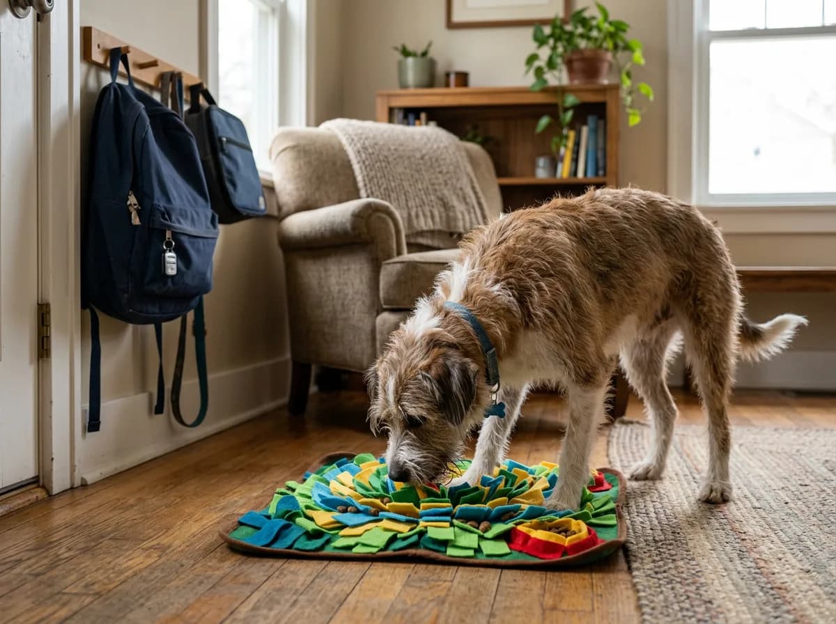 Dog using a puzzle feeder in a quiet room while a backpack hangs nearby