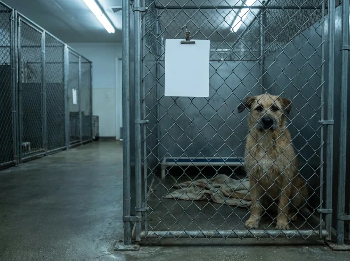 A shaggy tan mixed-breed dog sits inside a chain-link kennel in an animal shelter, with a blank white card clipped to the kennel door.