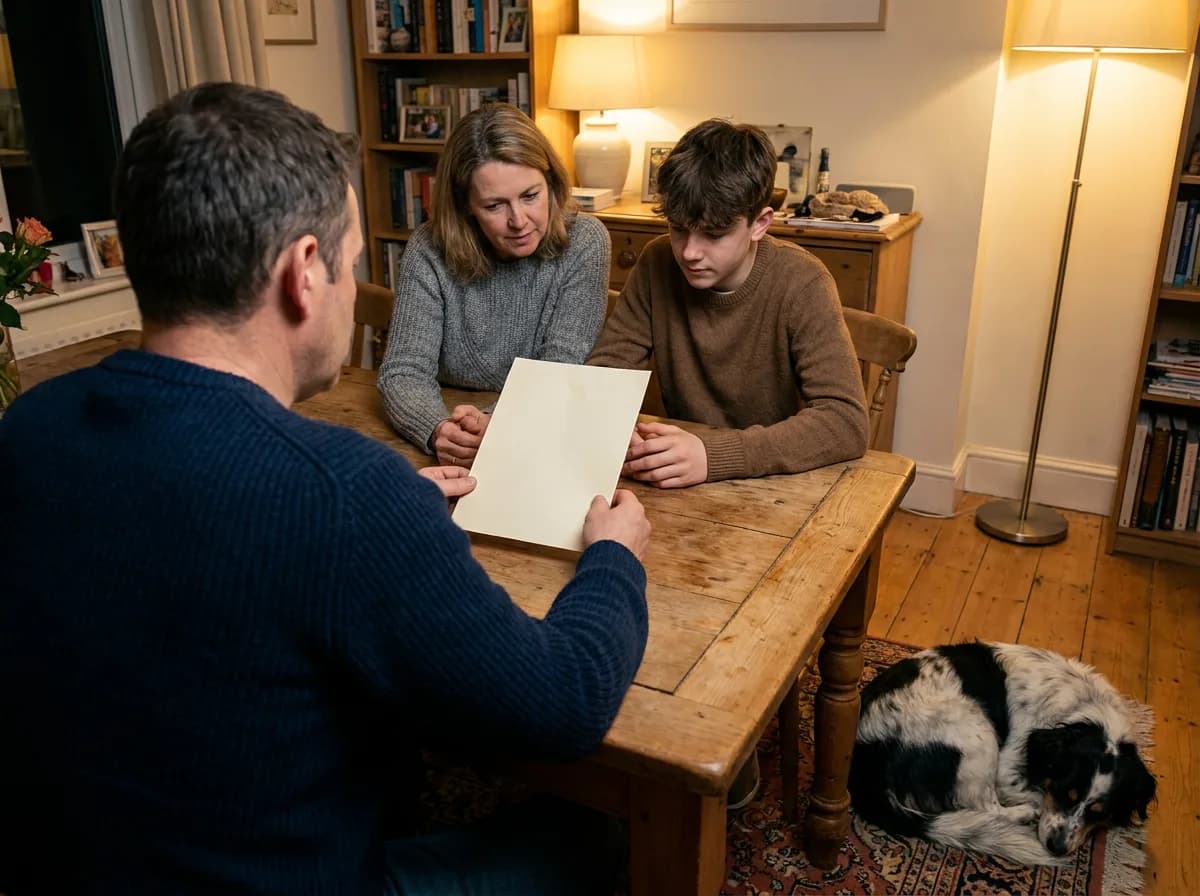 A man, a woman and a teenage boy read a single blank-backed letter together at a wooden dining table while a black-and-white dog sleeps curled on the rug beside them.