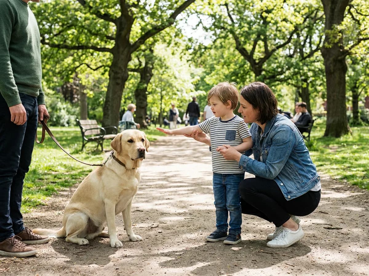A woman in a denim jacket crouches beside a small child who reaches one arm out toward a seated cream Labrador held on a leash by a standing person in a park.