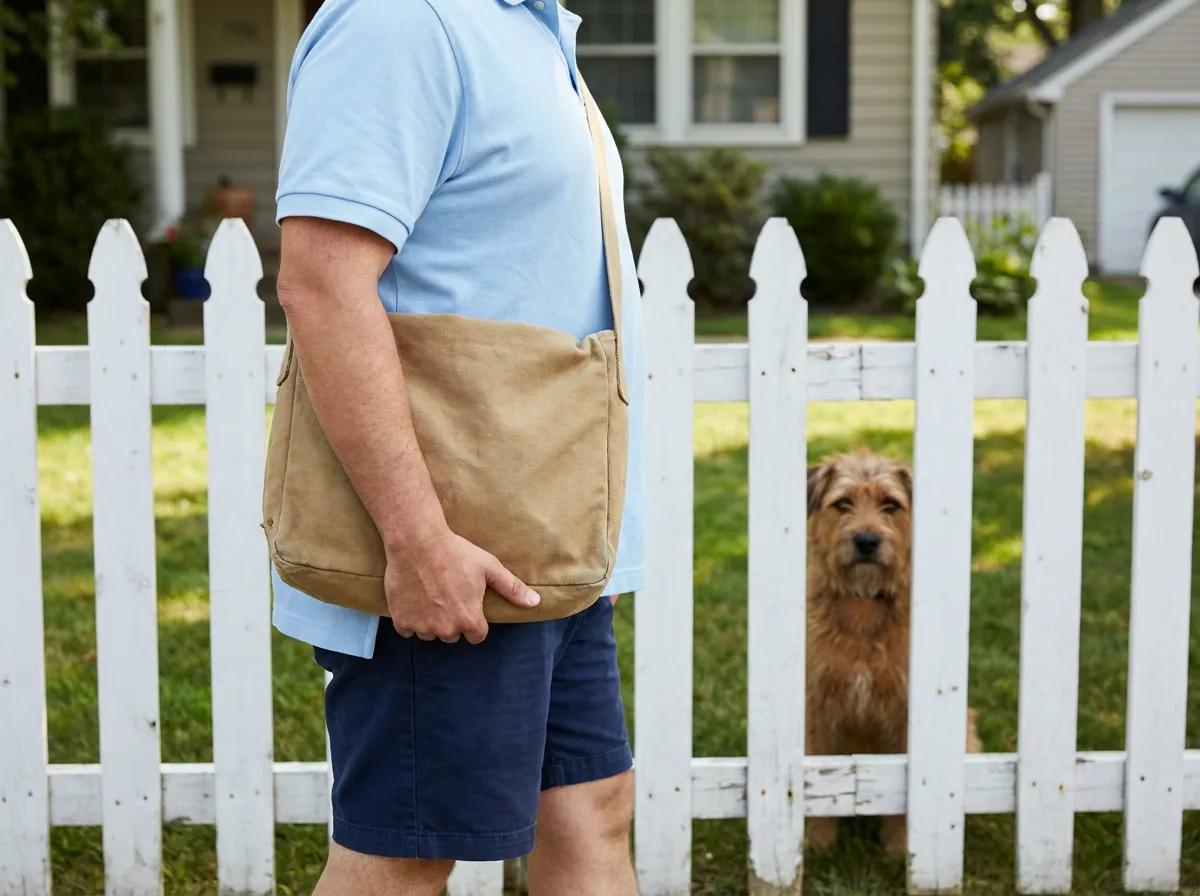 A mail carrier in a plain light-blue polo carries a tan canvas bag past a white picket fence while a calm brown terrier-type dog watches from behind it.