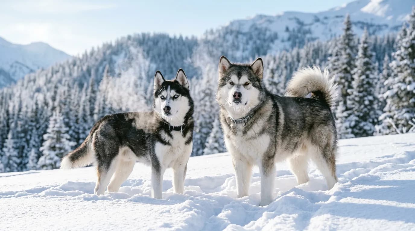 A Siberian Husky and an Alaskan Malamute standing side by side in deep fresh snow on a bright winter morning, frost on their whiskers, breath visible