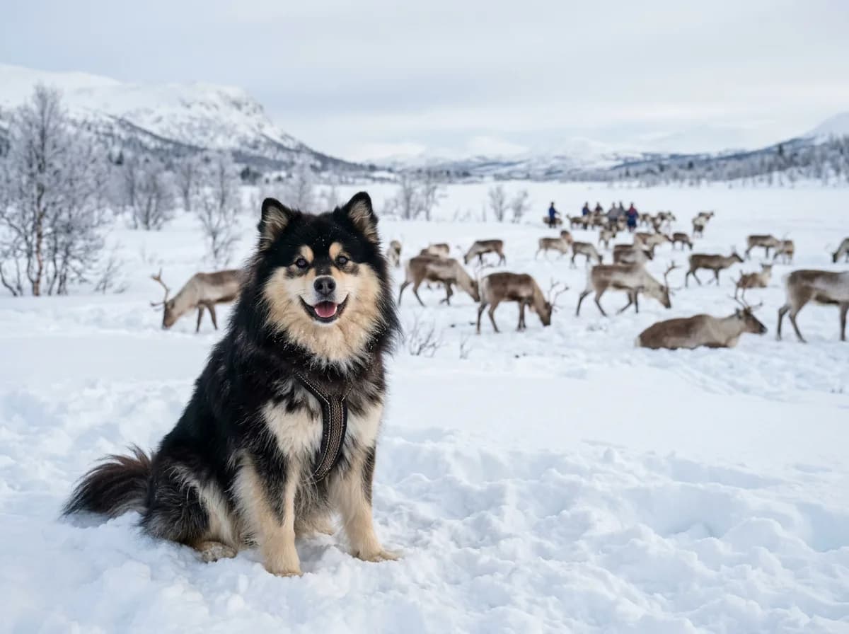 A cheerful Finnish Lapphund with a thick black-and-cream coat sitting in snow near a reindeer herd on an open Arctic plain