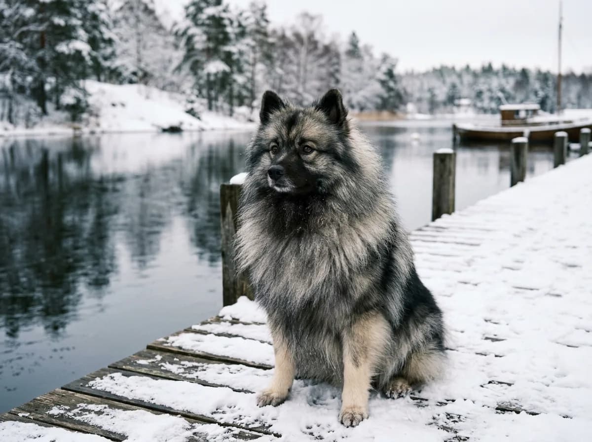 A gray-and-black Keeshond with its distinctive spectacled face and plush lion ruff sitting on a snow-covered dock beside still winter water
