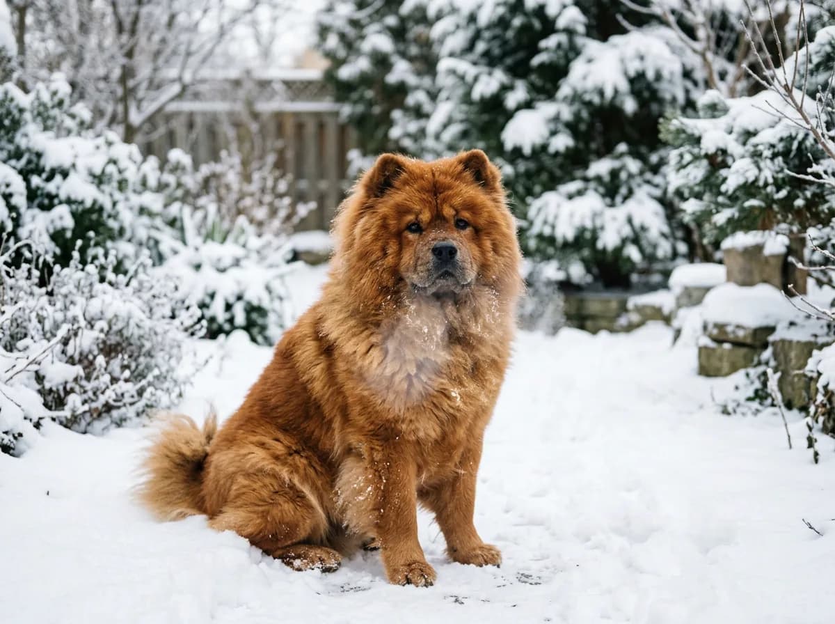 A cinnamon-colored Chow Chow with its lion-like mane and deep-set eyes sitting in a snowy garden, breath fogging in the cold air