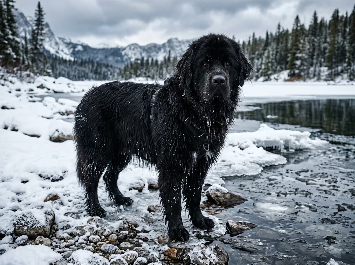 An enormous black Newfoundland standing at the edge of an icy lake, water dripping from its thick coat, gentle expression, snow on the shoreline