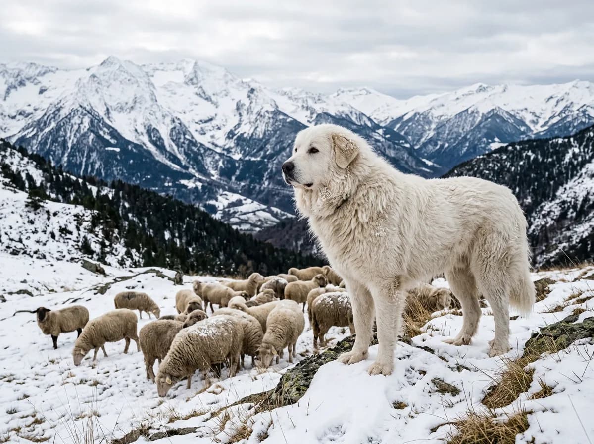 A massive white Great Pyrenees standing watch over a small flock of sheep in a snowy mountain pasture, calm and vigilant