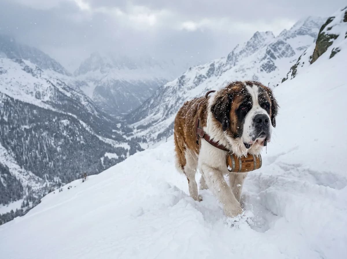 A huge Saint Bernard trudging through deep snow on a mountain slope, its broad brown-and-white face and heavy jowls framed by falling snowflakes