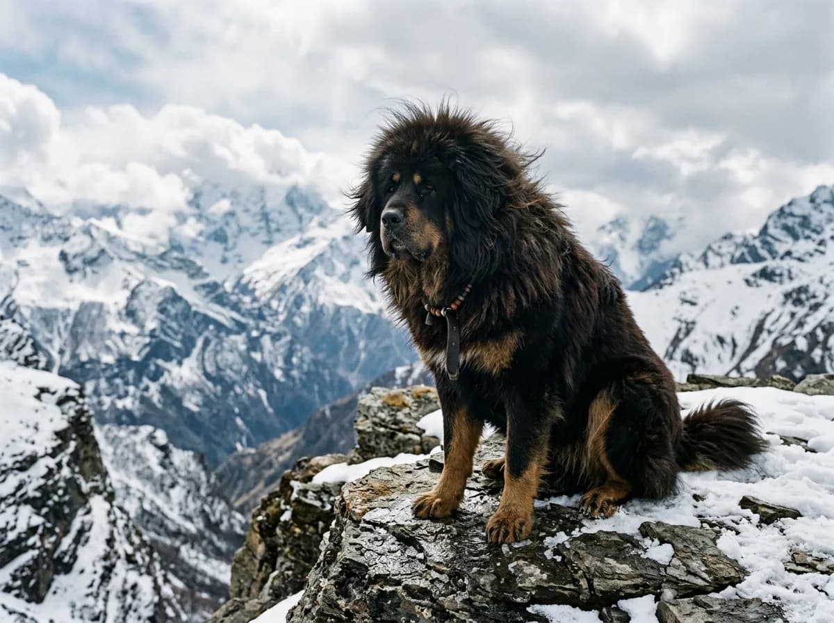 A lion-maned Tibetan Mastiff perched on a rocky Himalayan outcrop in winter, its enormous dark coat billowing in the wind