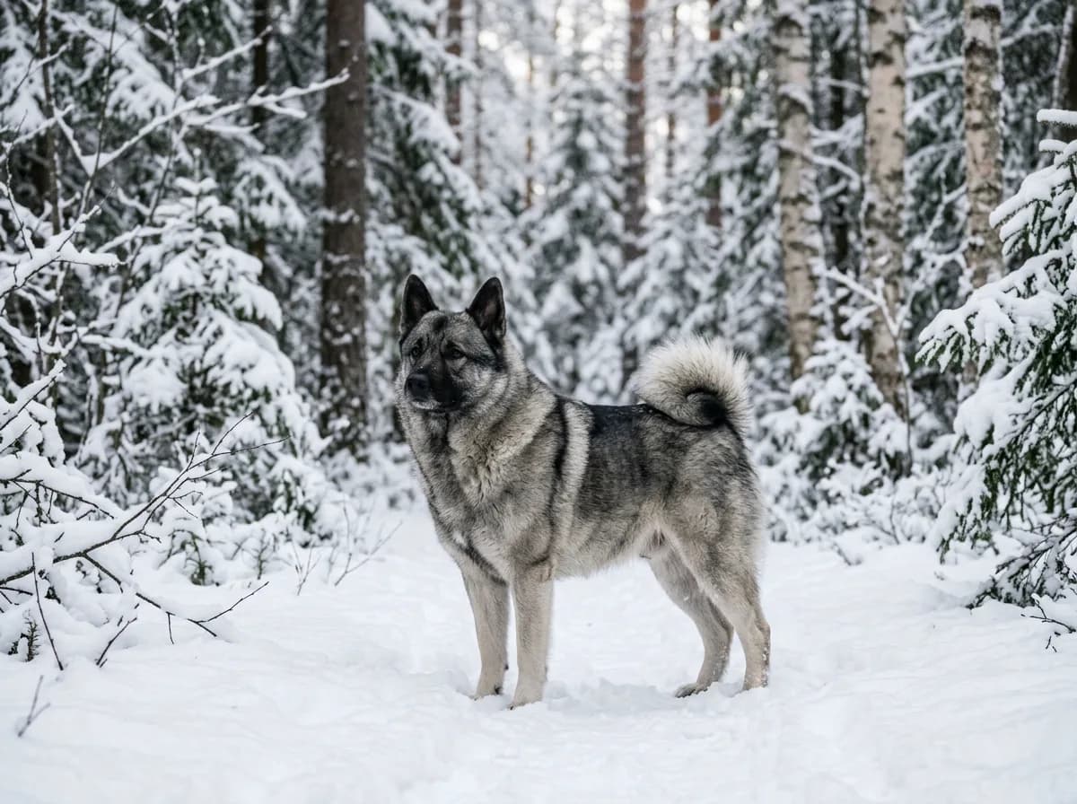 A gray Norwegian Elkhound with a tightly curled tail standing in a snowy pine forest, dense wolf-gray coat blending into the winter landscape