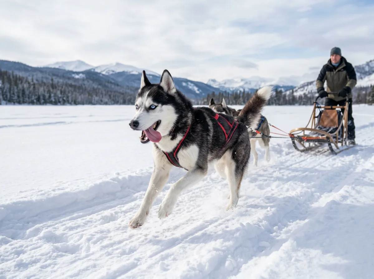 A Siberian Husky mid-stride pulling a light sled across an open snowfield, blue eyes bright, tongue out, snow spraying from its paws