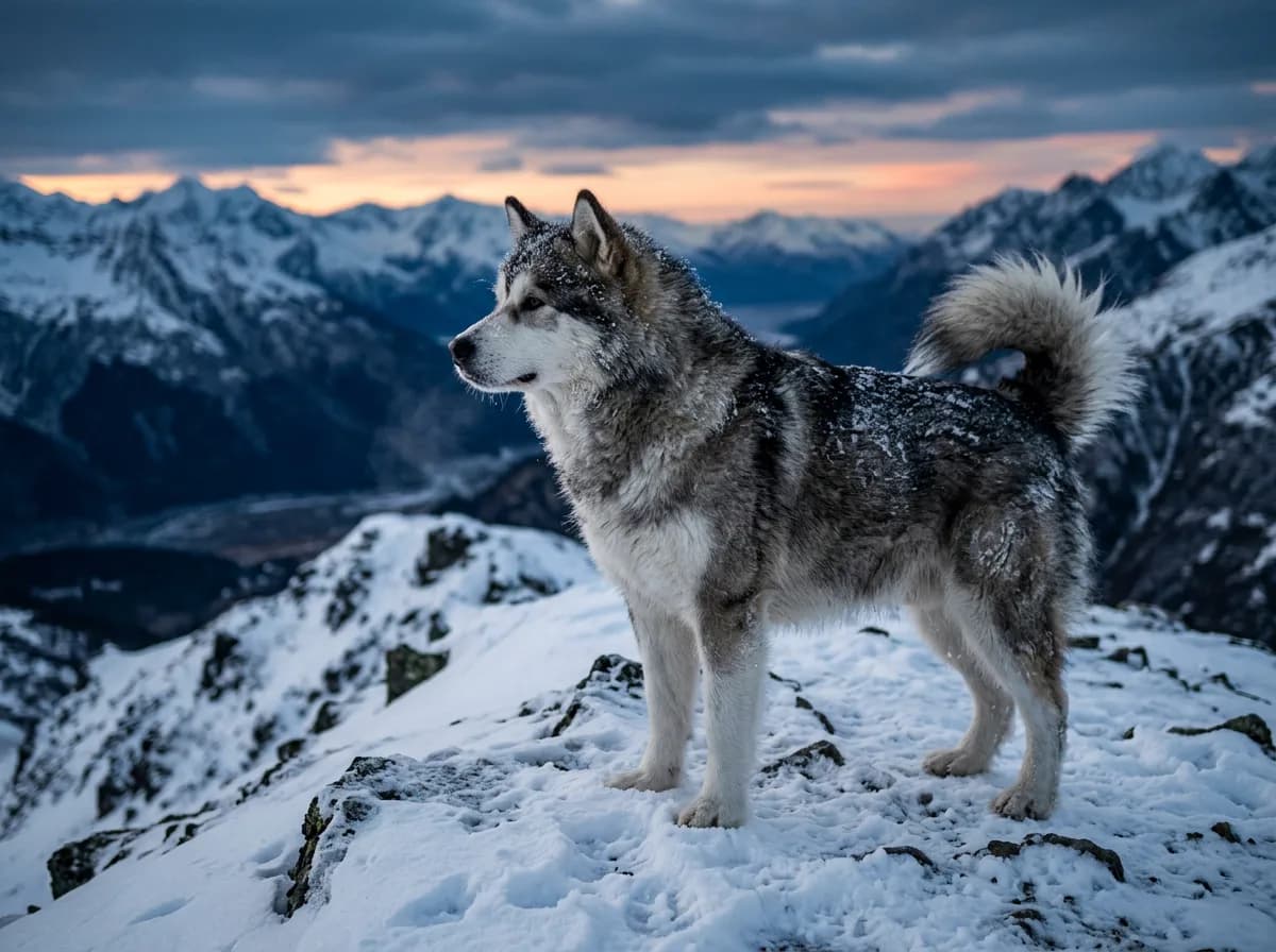 A powerfully built Alaskan Malamute standing on a snowy ridge at dusk, thick gray-and-white coat dusted with snow, looking off into the distance
