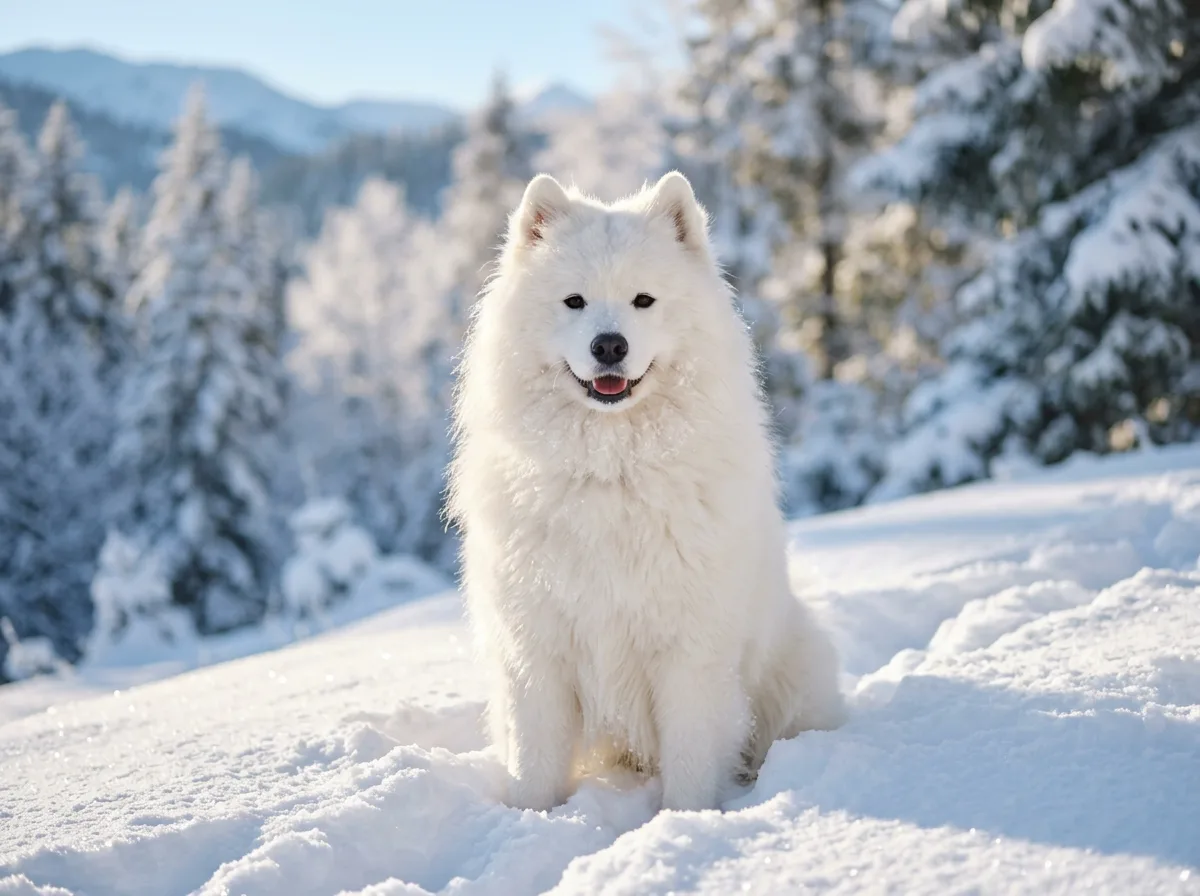 A fluffy white Samoyed with its signature upturned smile sitting in fresh powder snow, sunlight catching its cloud-like coat