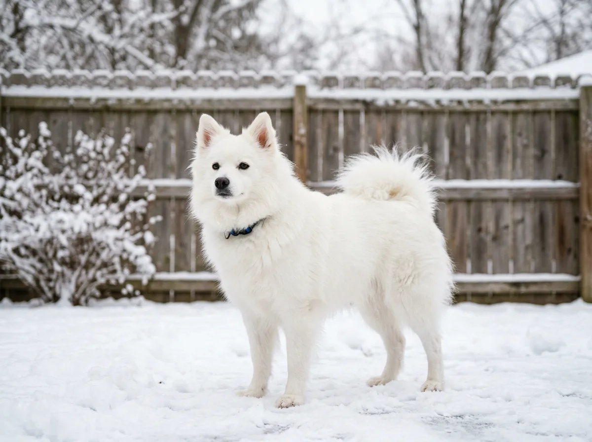 A bright white American Eskimo Dog with pricked ears standing alert in a snowy backyard, its plush coat contrasting against a wooden fence