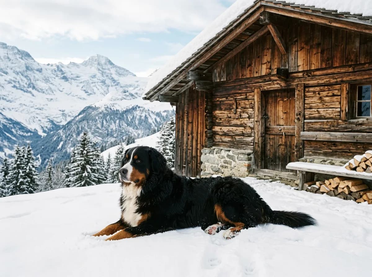 A tri-colored Bernese Mountain Dog lying calmly in snow beside a rustic Alpine barn, its black, rust, and white coat vivid against the white ground