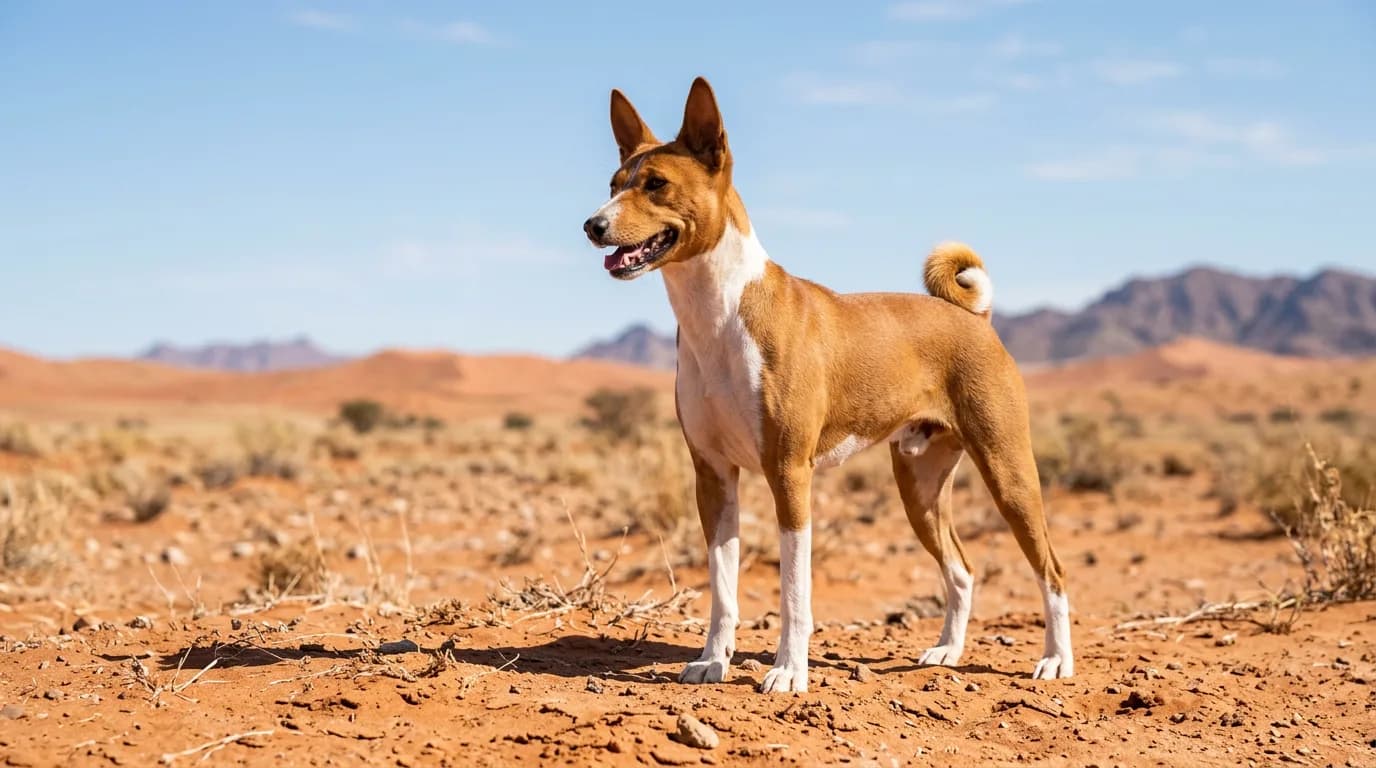 a lean short-coated Basenji standing alert on sun-baked red desert sand under a bright midday sky, panting lightly with ears up