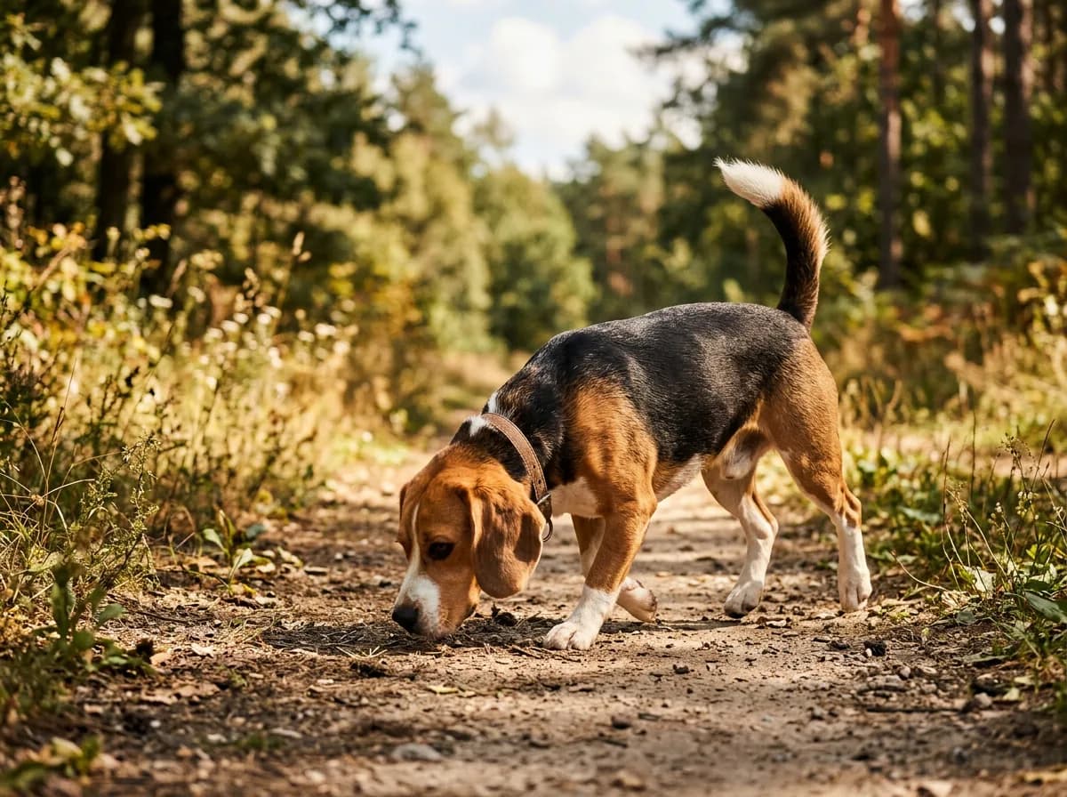 a tricolor Beagle sniffing along a sunny dirt trail with tail up, short glossy coat in warm daylight