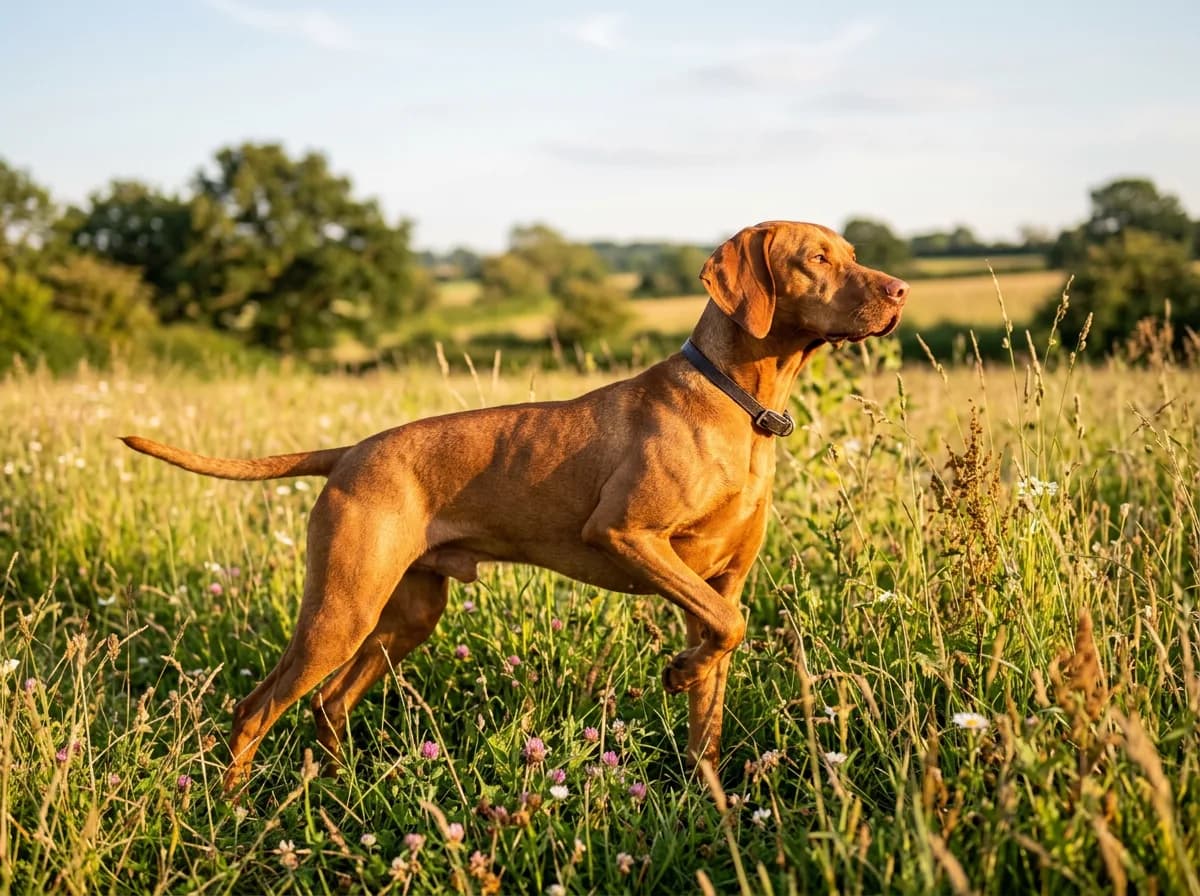 a golden-rust Vizsla standing point in a sunlit meadow, sleek short coat gleaming in warm light