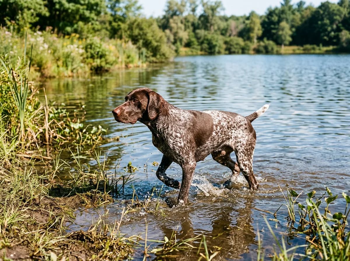 a liver-and-white German Shorthaired Pointer wading at the edge of a sunlit pond on a warm day, short slick coat wet