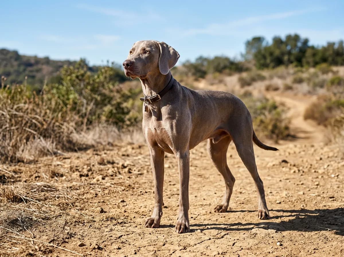 a silver-grey Weimaraner standing alert on warm dry earth in bright sunlight, sleek short coat, amber eyes